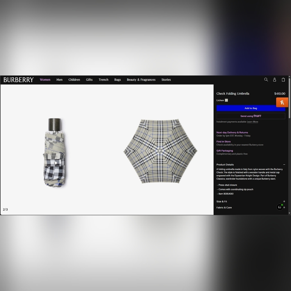 Burberry Check Folding Umbrella Lichen